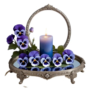 An enchanting nighttime scene where rich blue pansies bloom in a mystical landscape, their petals appearing almost luminous under the soft radiance of a silver crescent moon. A pearl-colored candle, embellished with intricate celestial symbols, sits atop an antique mirror tray, reflecting its warm glow. Wisps of silver mist curl around the flowers, and tiny glowing stars seem to hover just above the ground, adding to the dreamlike atmosphere. In the distance, a faint silhouette of a gothic archway frames the moon, enhancing the scene’s otherworldly beauty. sticker