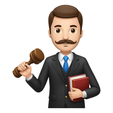 Create a male lawyer. he is wearing a fromal suit jckeret. He is holding a gavel in one hand and a book tucked under his another arm. He has a mustache and BEARD both! sticker