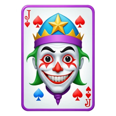 1 poker card, perfectly squared card, with crazy colorful human jolly joker inside, star symbol with a "J" sticker