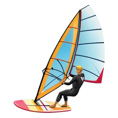 A windsurfer gliding across the ocean, with a vibrant sail catching the wind. The scene captures the motion of the board riding the ocean waves, surrounded by the bright blue sky and ocean, symbolizing the excitement and skill required in the sport of windsurfing. sticker