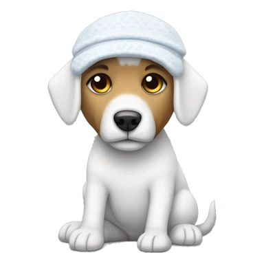 Un perro de peluche blanco con un pijama y un gorro blanco y muy delgado sticker