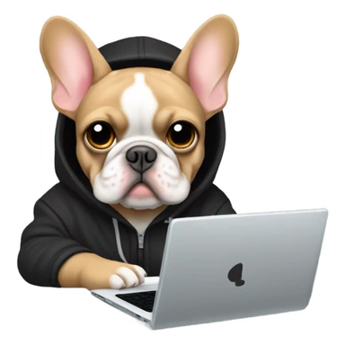 A light brown French bulldog with wearing a black hoodie while sitting in a gaming chair while investing in crypto on a light grey laptop ￼ sticker