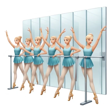Icon for Choreography: a group of dancers in identical poses, standing by a wall with all wall long mirror, holding a long barre with one hand. The icon should capture the discipline and synchronized movement of dance training. Transparent background. sticker