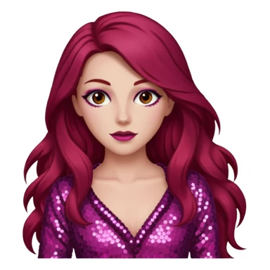 Chappell Roan (b.1998) with long dark red hair, dark pink sequin outfit, makeup sticker