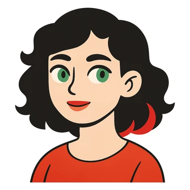 flat toon style girl with green eyes, white skin, wavy black hair, red hair at the back of her neck sticker