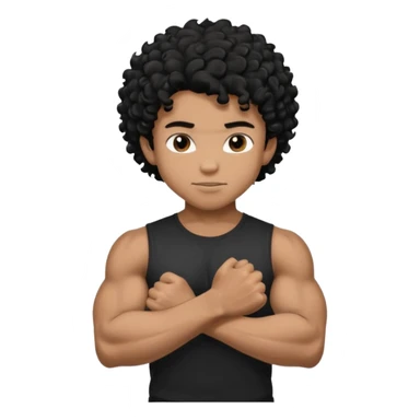 muscular teen boy with veiny hands arms and biceps. has messy black curly hair with dark-tan skintone with black tshirt sticker