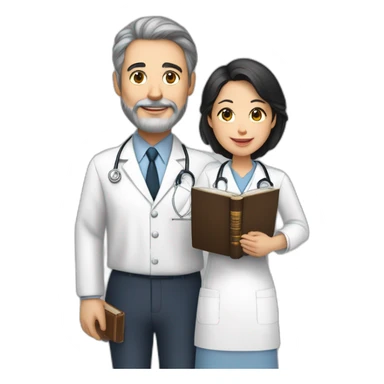 husband age 64 dark brown hair trimmed beard wearing suit holding bible, wife asian age 64 black hair wearing nurse uniform, no children sticker