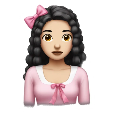 sad girl with white skin and black hair with a pink bow on her head sticker