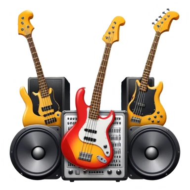 Icon for R&B Music Listening: large concert speakers with waves of musical notes coming out, along with a bass guitar, drum kit, and synthesizer. The icon should convey the energetic and rhythmic vibe of R&B music. Transparent background. sticker
