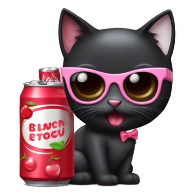 A black cat wearing a little light pink bow, red framed oval sunglasses, and drinking a cherry cola in a can sticker