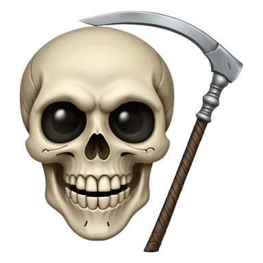 A laughing skull with a scythe crossed behind it, one eye socket winking. Clean, stylized lines, flat vector. Medieval woodcut style. Black and white with one accent color (tarnished silver). No background. sticker