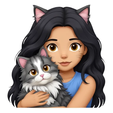 Girl with long black hair hugging a gray fluffy plush toy and a tricolor Maine Coon cat sticker