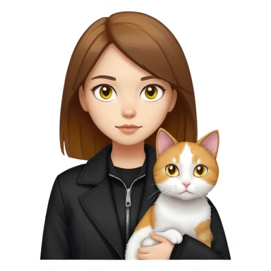 Light-skinned girl with brown straight hair wearing a black jacket, with a pure white cat with yellow eyes and a calico cat sticker