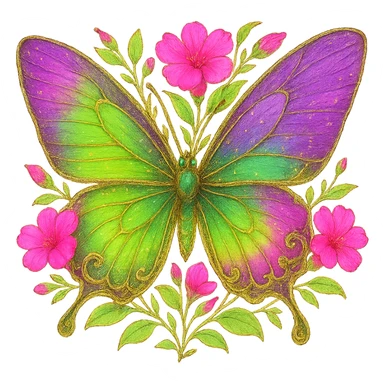 Use the last butterfly with gradient violet and #c0ff53 green colors. Add neon pink flowers and softly green leaves as in the example images. Maintain the luxurious effects and ensure the background is removed. The style should reflect a luxurious, elegant look with vibrant neon pink flowers and gentle green leaves. sticker