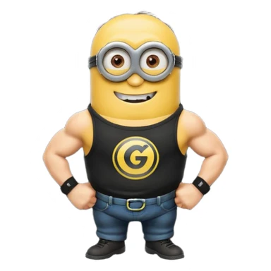A buff minion wearing a black t shirt top with the words “never GOON” on the shirts chest area sticker