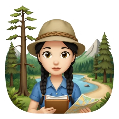 A braid black hair backpacking woman checking her map with curious eyes while wandering in the woods with camping hat sticker