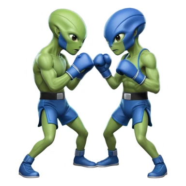 two aliens boxing in a fight stance, facing each other with raised gloves, dynamic action pose, intense expressions, sci-fi arena vibe, 3D cartoon style, mobile game icon style, clean background, no text, no watermark
 sticker