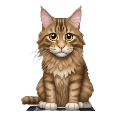maine coon tabby cat typing in front of a screen sticker