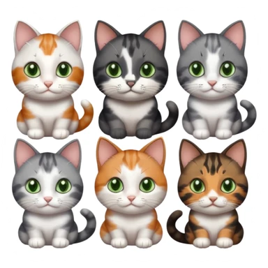 6 different coloured small cats including a dark grey and white, and a patchy calico, and a brown tabby and white,  and a completely solid dark grey with green eyes and only white paws sticker