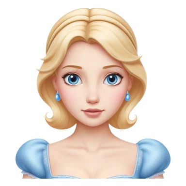 Cinematic Realistic Cinderella Portrait, depicted with lifelike skin texture, subtle rosy undertones, and soft natural lighting that enhances the gentle contours of her face. Her intricately detailed golden blonde hair is elegantly styled in an updo, with delicate wisps framing her face for added realism. Her deep, expressive blue eyes radiate warmth and sincerity, reflecting a quiet resilience and grace. She is dressed in her iconic ball gown, the fabric shimmering with intricate embroidery and fine translucent layers that catch the light beautifully. The soft sheen of satin gloves and the delicate sparkle of a glass-like slipper peeking from beneath her dress add a touch of magical realism. The portrait features an enchanting glow with a natural, luminous finish, seamlessly blending realism and fairytale charm to evoke a sense of depth, elegance, and timeless beauty. sticker