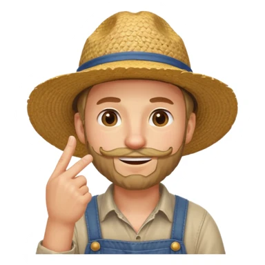 “A single emoji-style character combining 👨‍🌾😄 and 🤔: a smiling farmer man with a straw hat, friendly face, and light beard, holding one hand under his chin in a thinking gesture. His index finger rests under his face, eyes looking slightly upward as if thinking.  sticker