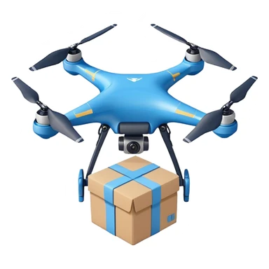 Delivery drone sticker, and blue texture on the body quadcopter carrying small package box, friendly design, simple flat vector style, soft shadow, white outline, transparent background sticker