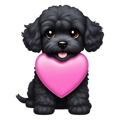 Black maltipoo dog sticking out tongue and happy with a blue collar that has a pink heart tag sticker