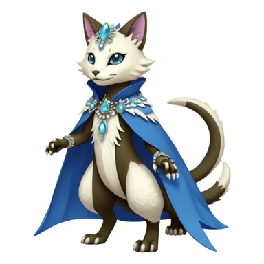 Kawaii cute beautiful pretty elegant divine edgy feline-vernid-sergal-Fakémon-Pokémon-Digimon-fursona-animal-creature, full body, with intricate detailed markings, Embroidered capelet, Gem-studded horn ring sticker
