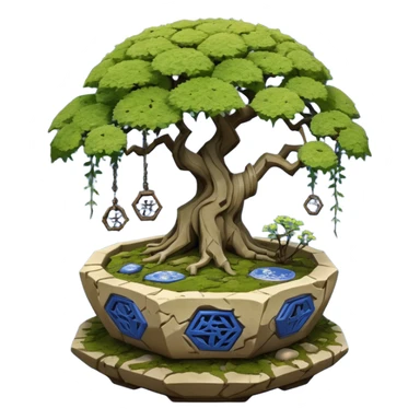Alien spacecraft hanging-vines landscape mudman very old broken cracked intricate Stone Age rocky-crusted irregular dodecagon-shaped shallow dark moss rough bark blue willow flowered maple tree bonsai pot sticker