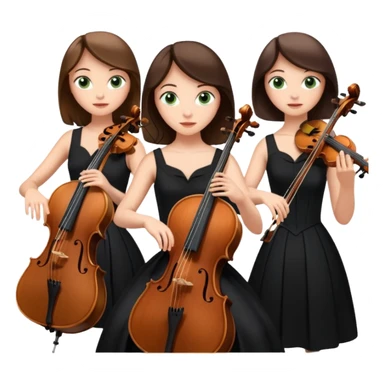 Create an imagine of three brunette women playing string instruments in black dresses, the first is playing a cello with blue eyes, the second is playing a viola with hazel eyes and the third is playing the violin with green eyes sticker