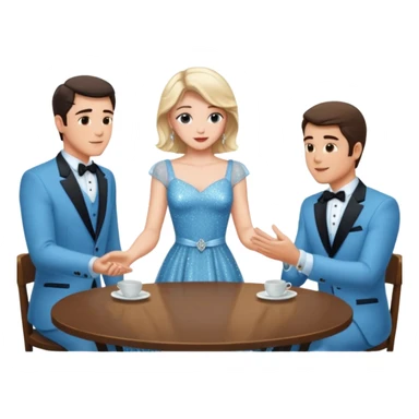 Sabrina’s carpenter in a light blue sparkly dress at a table with 3 handsome men facing each other and she is standing up putting her hand out  sticker