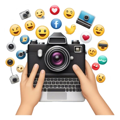 a composition of various media and technology-related emojis, arranged in a visually appealing way. At the center, there is a vintage-style camera emoji with a bright flash effect, symbolizing photography. A hand holding a smartphone emerges from behind the camera, representing digital and mobile content creation. Surrounding the central camera are a film camera, a laptop, and a smartphone with a colorful app grid, illustrating video production, digital work, and social media. The design is clean, modern, and conveys a theme of multimedia, content creation, and technology. sticker