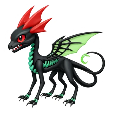 Obsidian-black and neon-glowing-green skeletal Meloetta-Salandit-Noivern-Zygarde-Pokémon-Fakémon-creature-fusion-hybrid with glowing crimson-red evil slit eyes sticker