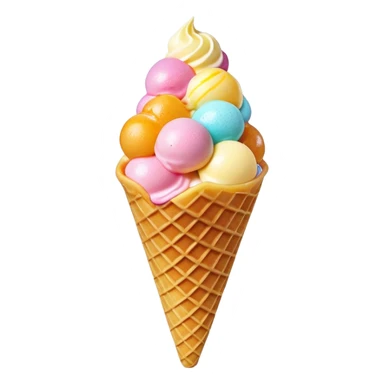 3D rendered Hong Kong egg waffle cone filled with colorful ice cream, hyper-realistic bubbled texture, glossy candy-like finish, vibrant colors, detailed texture, soft studio lighting sticker