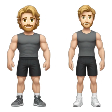Full height Actively gesturing with hands Pale skinned Fit Man With the biceps and brown hair in dark gray Sleeveless Mike, black oversize sports shorts, Wrist watch and white Sneakers sticker