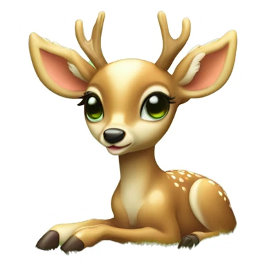 baby deer with delicate angel wings from its back resting peacefully in a lush green meadow soft sunlight filtering through green trees dreamy atmosphere sticker