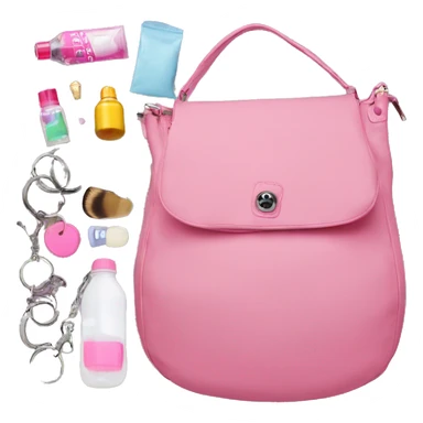 Opened large pink flap hobo bag that's filled with makeup, water bottle, and keychains sticker