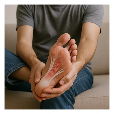 realistic image of a person sitting and stretching the plantar fascia to relieve foot problems, anatomical details, neutral environment sticker