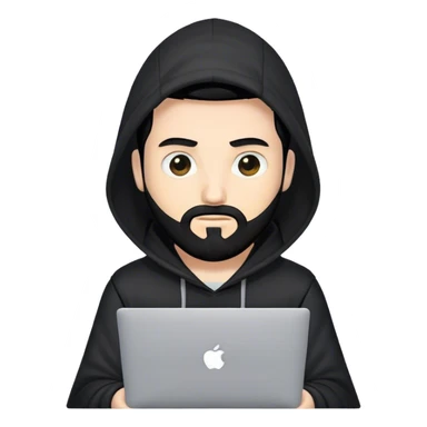 hackeur blanc cheveux noir barbe et capuche noir avec un macbook sticker