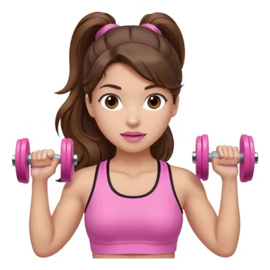 girl with wavy long ponytail brown hair, brown eyes, light to medium complexion, long lashes, light pink lipstick, wearing light pink shirt, lifting pink dumbbells in a sports top sticker