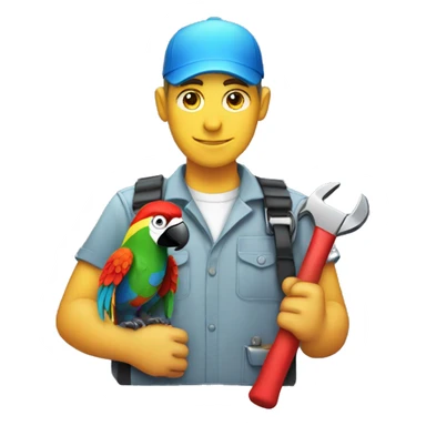 White skinned Engineer carrying a wrench and has a colorful parrot on top of his shoulder sticker