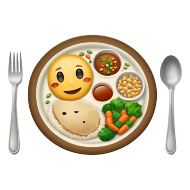  dirty plate after eating, leftover food scraps, vegetable pieces, rice grains, sauce stains on the plate, fork and spoon placed beside the plate, no face, no character, no human features, realistic food leftovers, clean and simple background, soft lighting, high quality, emoji style sticker