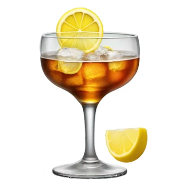 A glass of jagermeisteir with an ice cub and a slice of lemon sticker