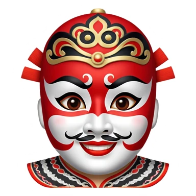 "Create a round-faced emoji featuring a Peking Opera red mask with bold black and white patterns. The emoji should have a friendly and expressive look, maintaining traditional opera facial markings while appearing modern and digital-friendly. It should convey a joyful and heroic emotion, with a confident smile and bright eyes, reflecting the red mask's symbolism of loyalty and bravery." sticker