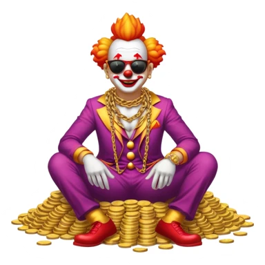 Clown with big golden chain on the neck wearing sunglasses sitting on the big pile of gold coins  full height. sticker
