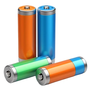 pair of cylindrical batteries with metallic tops and colored bands (orange, blue, or green) to indicate charge, positioned side by side or slightly angled, visible terminals, clean minimal design, no packaging, charger, or device, soft lighting, subtle shadows, emoji scale sticker