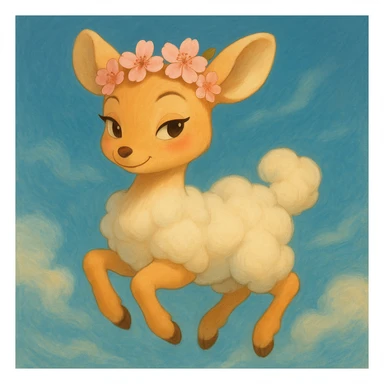 Transform this feminine vanilla cloud doe with rosy cheeks and cherry flowers on its head, floating gracefully, into a dreamy, whimsical Ghibli-inspired style with Pixar charm. Make the front of the doe peach-colored. Emphasize confidence, charm, and subtle allure, suitable for a social media brand mascot. Blend Ghibli and Pixar influences for brand identity, with a soft, elegant, and magical look. sticker