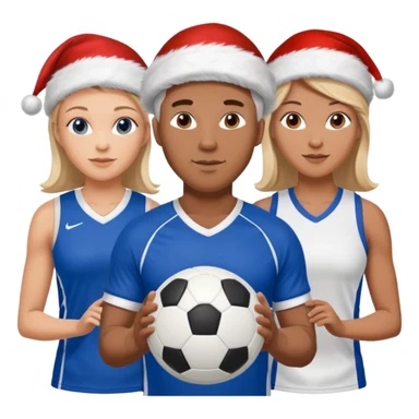 3 atletas, um homem no meio e duas mulheres com cores de pele diferentes, usando elementos esportivos, bola de futebol e bola de vôlei. Coloque um chapéu de papai noel das cores verde e com roupas azul e branco sticker