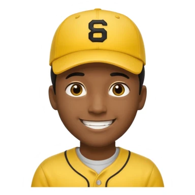 A man with dark skin tone, wearing a bright yellow baseball cap, short black hair mostly covered by the cap, large brown eyes, and a wide smile. sticker