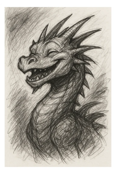 a dragon smiling, pencil sketch style sticker